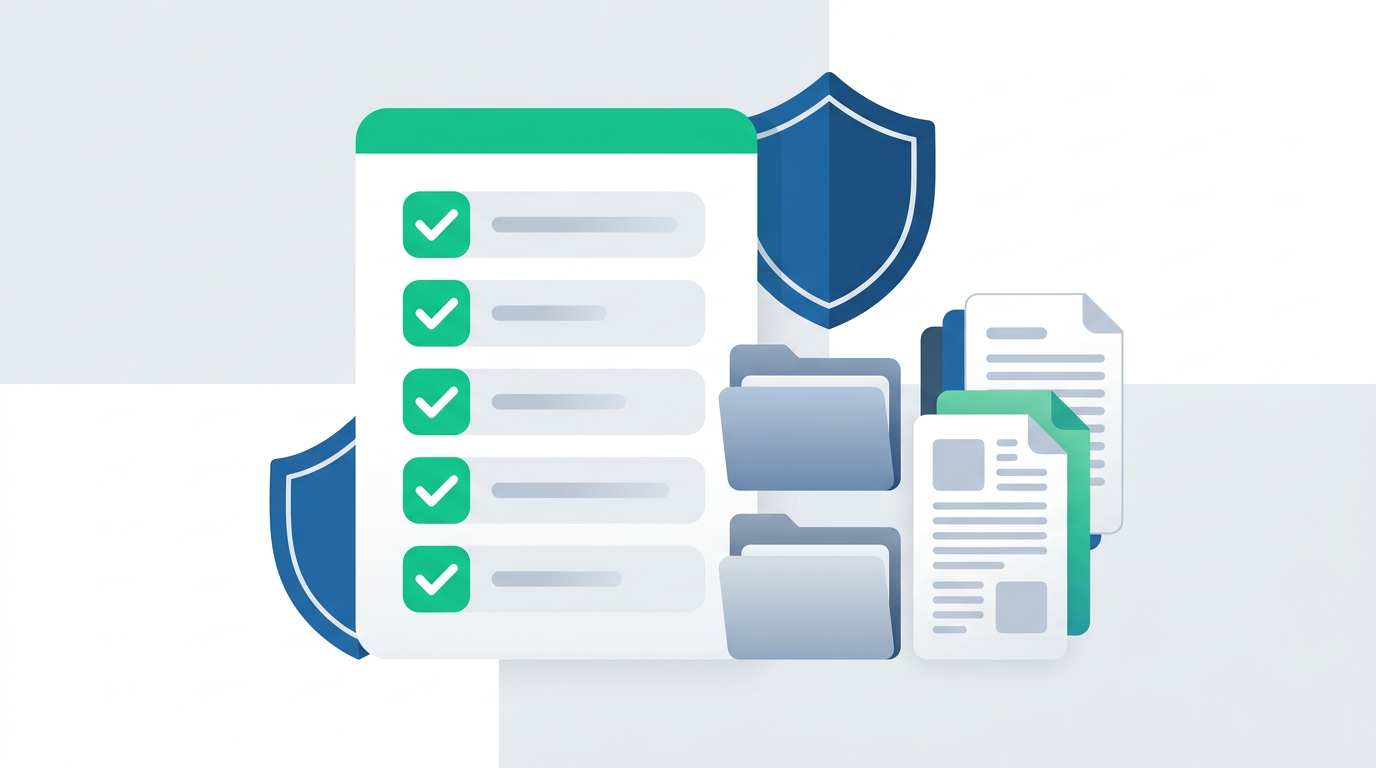 Ilustração abstrata de uma checklist com marcas de verificação e documentos organizados