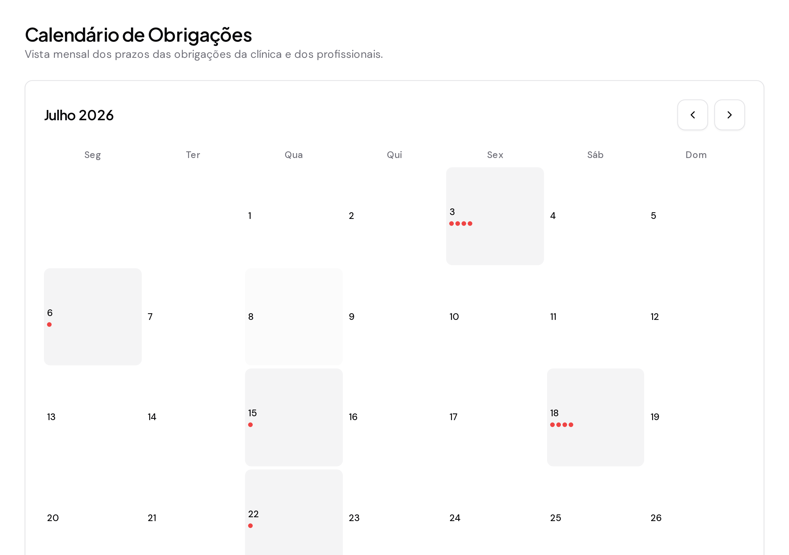 Calendário de obrigações CompliSaúde — vista mensal com prazos e alertas de obrigações regulatórias